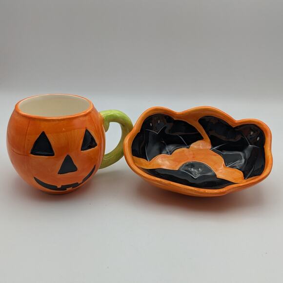 Ceramic Halloween Decor Pumpkin Mug Bat Candy Dish Glazed Coffee Jack o'Lantern - Picture 1 of 11